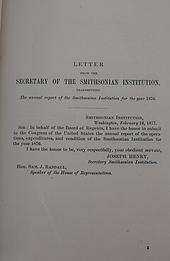 Henry's letter beginning the Annual report of the Board of Regents of the Smithsonian Institution, showing the operations, expenditures, and condition of the Institution for the year 1876