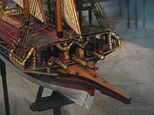 The bow of a ship model focused on a raised platform with cannons underneath
