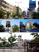 From upper left: Pendelis Avenue, The Water Tower, the Cultural Hall and Analipseos Square