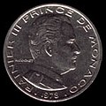 Pièce monégasque (1978) de 1 franc monégasque (côté face) à l’effigie de Rainier III.