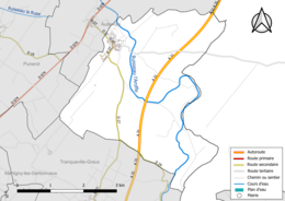 Carte en couleur présentant le réseau hydrographique de la commune