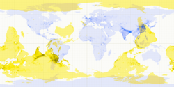 ☎∈ This map shows the antipodes of each point on the Earth's surface – the points where the blue and pink overlap are land antipodes. Darker shades indicate areas of higher population density. This map uses the [[Equirectangular projection.