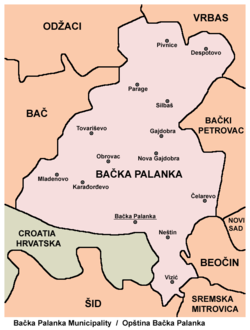 Map of the Bačka Palanka municipality, showing the location of Tovariševo