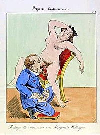 Position assise (caricature anonyme) — Napoléon III avec l'actrice Marguerite Bellanger.