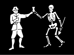 Pirate and skeleton together holding an hourglass