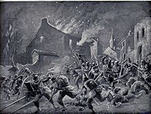 Reproduction en noir et blanc d'un tableau montrant des militaires au combat dans un village en flammes.