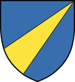 Arms of Kagg family [sv] (Sweden): Azure, a pile issuing from the base in bend sinister Or.