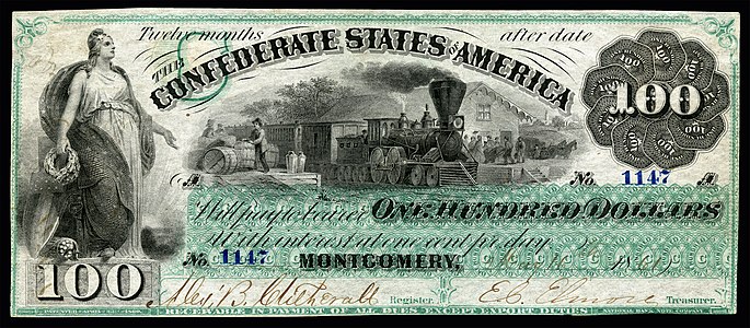 One-hundred Confederate States dollar (T3), by the National Bank Note Company