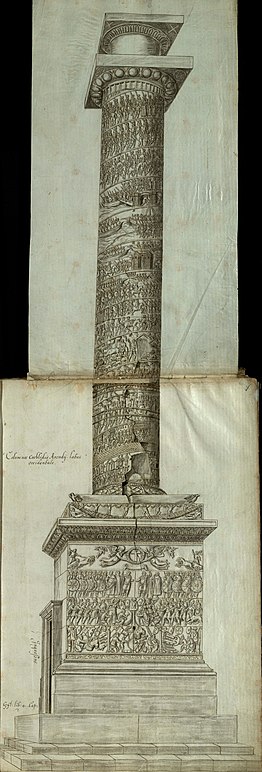 Side view of the Column of Arcadius, with carved reliefs of scenes and figures on the pedestal, on the socle and spiralling up the column shaft, capped by a capital and a statue's empty plinth. A door at ground level giving access to the spiral staircase within is visible.
