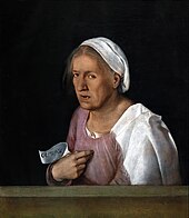 Peinture (fond noir). Portrait en buste, vue de trois quart, d'une vieille femme.