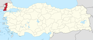 Edirne highlighted in red on a beige political map of Turkeym