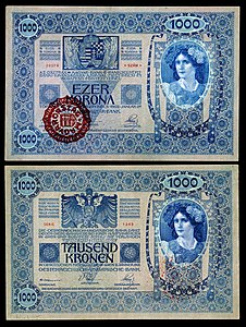 One-thousand Hungarian korona at Paper money of the Hungarian korona, by the Austro-Hungarian Bank and the Kingdom of Hungary