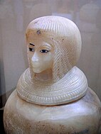 Canopic jar lid of Kiya. She was one of Akhenaten's secondary wives. It was once believed that she was the mother of Tutankhamun, but that was proven not the case when DNA revealed it not so.