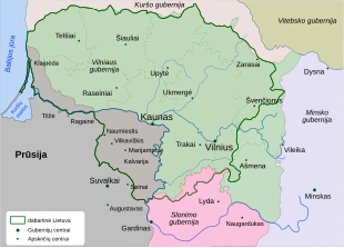 Vilnan kuvernementti Puolan 3. jaon (1795) jälkeen, ennen vuotta 1843. Vaalean vihreä alue= Vilnan kuvernementti. Vuosina 1796–1801 Vilnan ja Hrodnan kuvernementti (vaaleanpunainen alue) oli kuitenkin yhdistetty Liettuan kuvernementiksi.