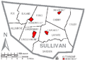 Map of Sullivan County, Pennsylvania USA and locator maps of all of its Townships and Boroughs (14 maps total)