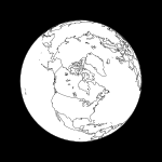 Figur 7: Sikten mot jorden vid apogeum-passagen under förutsättning att apogeums-longituden är 90° väst. Satelliten befinner sig på en höjd av 39867 km över punkten 90° väst 63.43° nord.