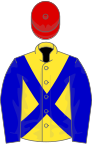 Yellow, blue cross-belts and sleeves, red cap