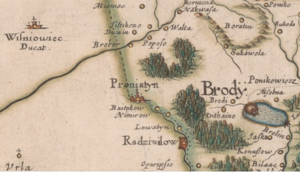 містечко Перенятин на карті Гійома де Боплана, 1650 рік (на мапі 1648 р. позначене як Preniatÿn)