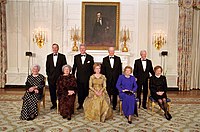 The Fords posing for a photograph with three other U.S. first couples (George H. W. and Barbara Bush, Bill and Hillary Clinton, Jimmy and Rosalynn Carter) during at the 2000 White House Historical Association Dinner
