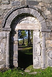 St. Olav's Church ruins main portal, with double chevron arch and columns