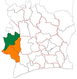 Location of Tonkpi Region (green) in Ivory Coast and in Montagnes District