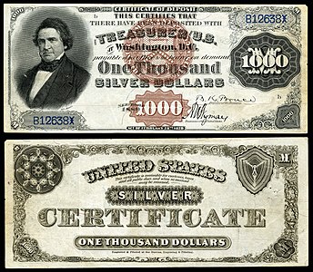 One-thousand-dollar silver certificate from the series of 1880, by the Bureau of Engraving and Printing