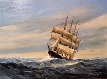 Painting of a ship with triple sails traversing through somewhat rough seas on a fair day. This ship sunk as a result of the hurricane.