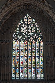 West window of York Minster, in curvilinear Decorated style, with a Flamboyant heart-shaped top (14th c.)