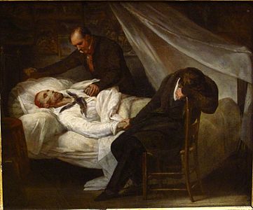 Ary Scheffer, La Mort de Géricault (1824), Paris, musée du Louvre. À son chevet figurent ses amis le colonel Bro de Comères et le peintre Pierre-Joseph Dedreux-Dorcy.