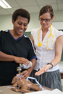 Australian Clinical Midwifery Facilitator Florence West teaches training midwives at the Pacific Adventist University PAU, outskirts of Port Moresby, PNG.