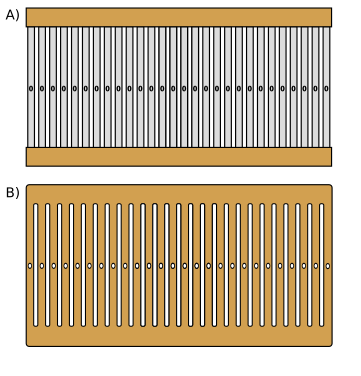 Two rectangular heddles; widthwise slots don't quite reach either long edge, and a row of small circular holes lies between the slots, along the lengthwise midline. One heddle is carved of solid wood, the other has metal strips, each with a hole in the center and the ends slotted into two lengthwise wooden bars.