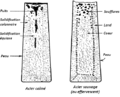 Solidification d'acier calmé ou effervescent. La retassure centrale sur l'acier calmé est due au retrait de solidification et peut être supprimée avec une masselotte.