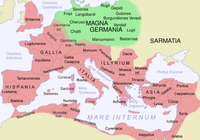 Romerska riket och Germania Magna under det tidiga 100-talet med några av de germanska stammarna utmärkta enligt Tacitus beskrivning.