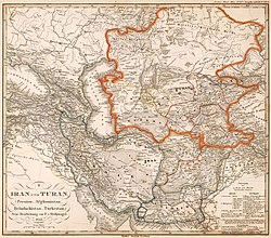 Mapa alemão do Irã e Tur]a, datado de 1843 (durante a dinastia Qajar), território de Turã indicado pela linha laranja (aqui realçada). De acordo com a legenda (canto inferior direito do mapa), Turã abrange regiões que incluem o moderno Uzbequistão, Quirguistão, Tajiquistão, Turcomenistão, partes do norte do Afeganistão e norte do Paquistão. Esta área corresponde aproximadamente ao que é chamado de Ásia Central hoje. Lista das áreas mencionadas no mapa como parte de Turã: 1. Khwarazm 2. Bucara com Balkh 3. Shehersebz (perto de Bucara) 4. Hissar 5. Cocande 6. Durwaz 7. Karategin 8. Kunduz 9. Cafiristão 10. Chitral 11. Gilgit 12. Iskardu 13. Quirguistão 14. As estepes do norte (Cazaquistão).