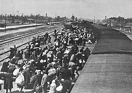 A large number of people, with their belongings, getting off a train