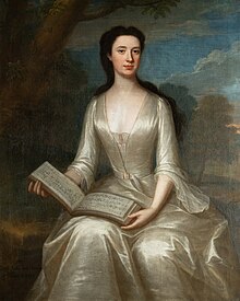 Portrait painting of young woman in pale gown holding open book of music