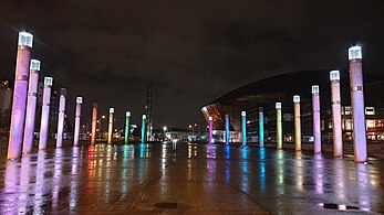 Roald Dahl Plass illuminated at night