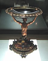 Florentine(?) Mannerist salt cellar, 16th century. Onyx bowl, gold mermaid, with gold and jewelled mounts.