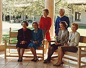 Ford with other U.S. First Ladies at the November 1991 opening of the Ronald Reagan Presidential Library. Seated (l–r): Lady Bird Johnson, Pat Nixon, Rosalynn Carter, Ford; Standing (l–r): Nancy Reagan, Barbara Bush