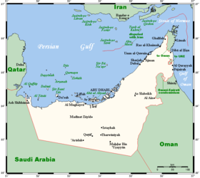 La frontière au sud-est des Émirats arabes unis (blanc) depuis les années 1970.