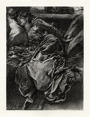 Illustration to Tennyson's "Sleeping Beauty" by W. E. F. Britten. Like a lot of Tennyson poems based on a literary source, Tennyson only focuses on a tiny part of the whole. Hence, the poem leaves out all the setup and the conclusion, instead describing what her sleep was like