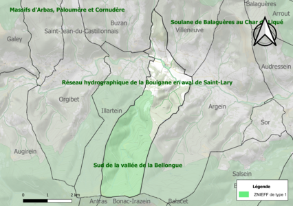 Carte des ZNIEFF de type 1 sur la commune.