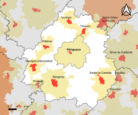 Localisation de l'aire d'attraction de Périgueux dans le département de la Dordogne