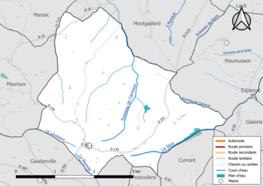 Carte en couleur présentant le réseau hydrographique de la commune