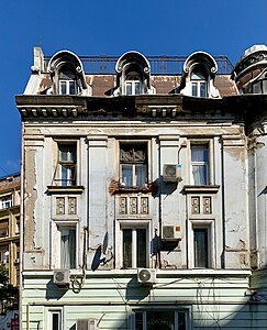 Beaux-Arts Tuscan pilasters of Strada Scaune no. 5, Bucharest, Romania, unknown architect, c.1900