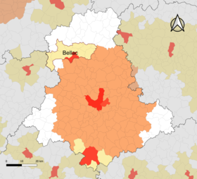 Localisation de l'aire d'attraction de Bellac dans le département de la Haute-Vienne.