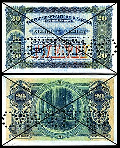 Australian twenty-pound note from the series of 1918 at Banknotes of the Australian pound, by Thomas S. Harrison