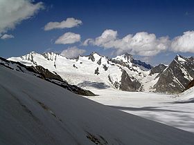 De gauche à droite : Gross Fiescherhorn, Hinter Fiescherhorn, Grünhorn (milieu), Finsteraarhorn et Gross Wannenhorn