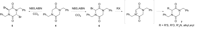 Bromination of 2,5-Diketopiperazines followed by Nucleophilic displacement