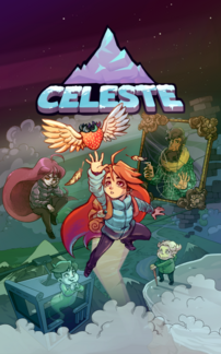 Illustration de la boîte du jeu vidéo Celeste. (définition réelle 2 600 × 4 168)